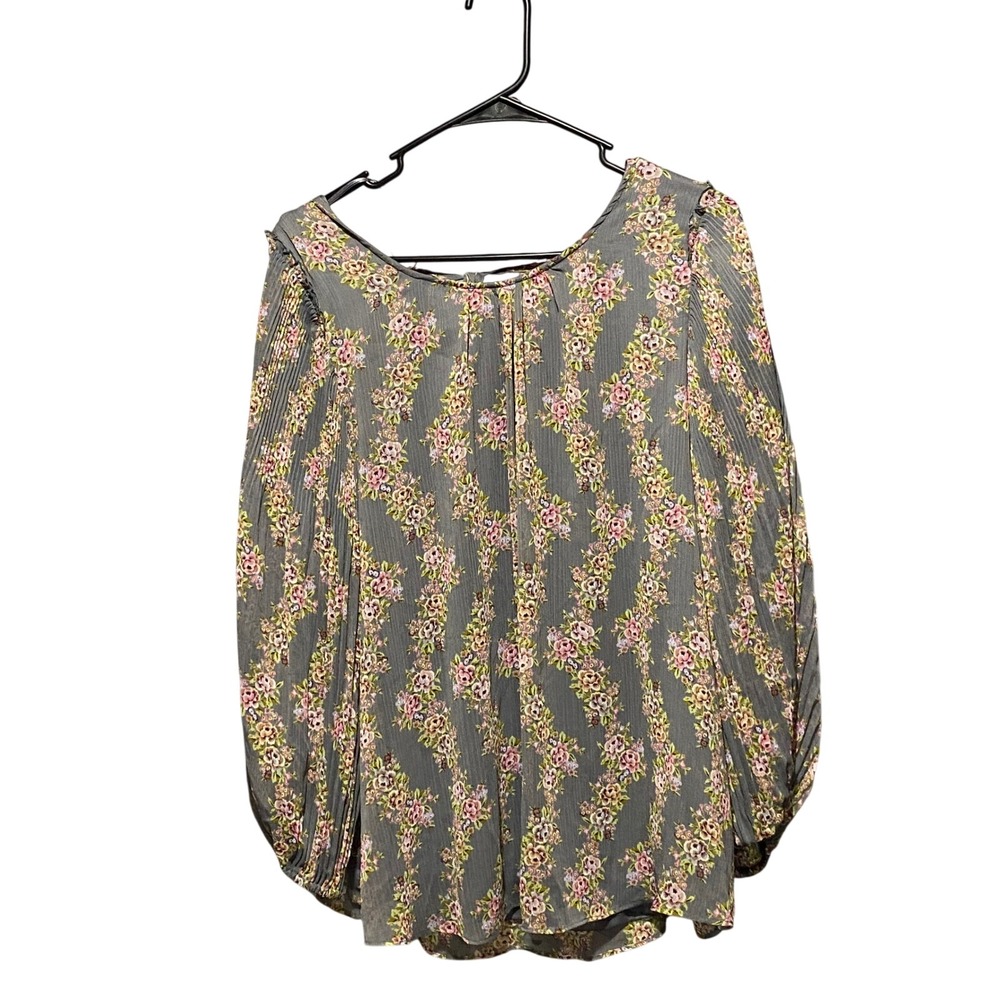 LC Lauren Conrad Floral Pleated Blouse XXL Gray Pink Long Sleeve Tie Back Top